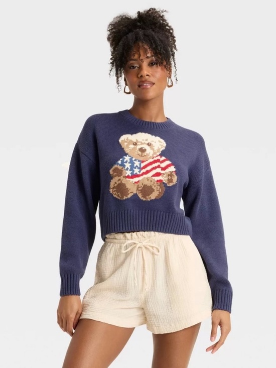 Grayson Threads Sweaters - NWT Grayson Threads Patriotic Bear Cropped Crewneck Sweater in Blue Size XL